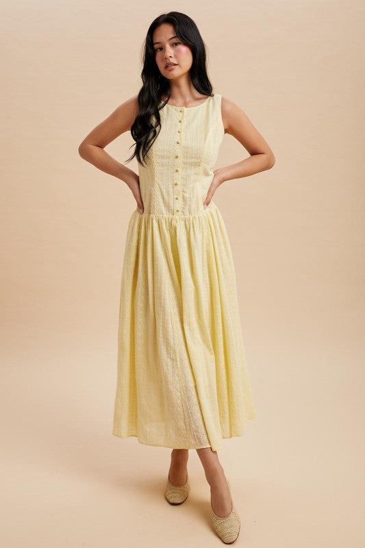 Joy Drop Waist Eyelet Embroidered Butter Yellow Maxi Dress