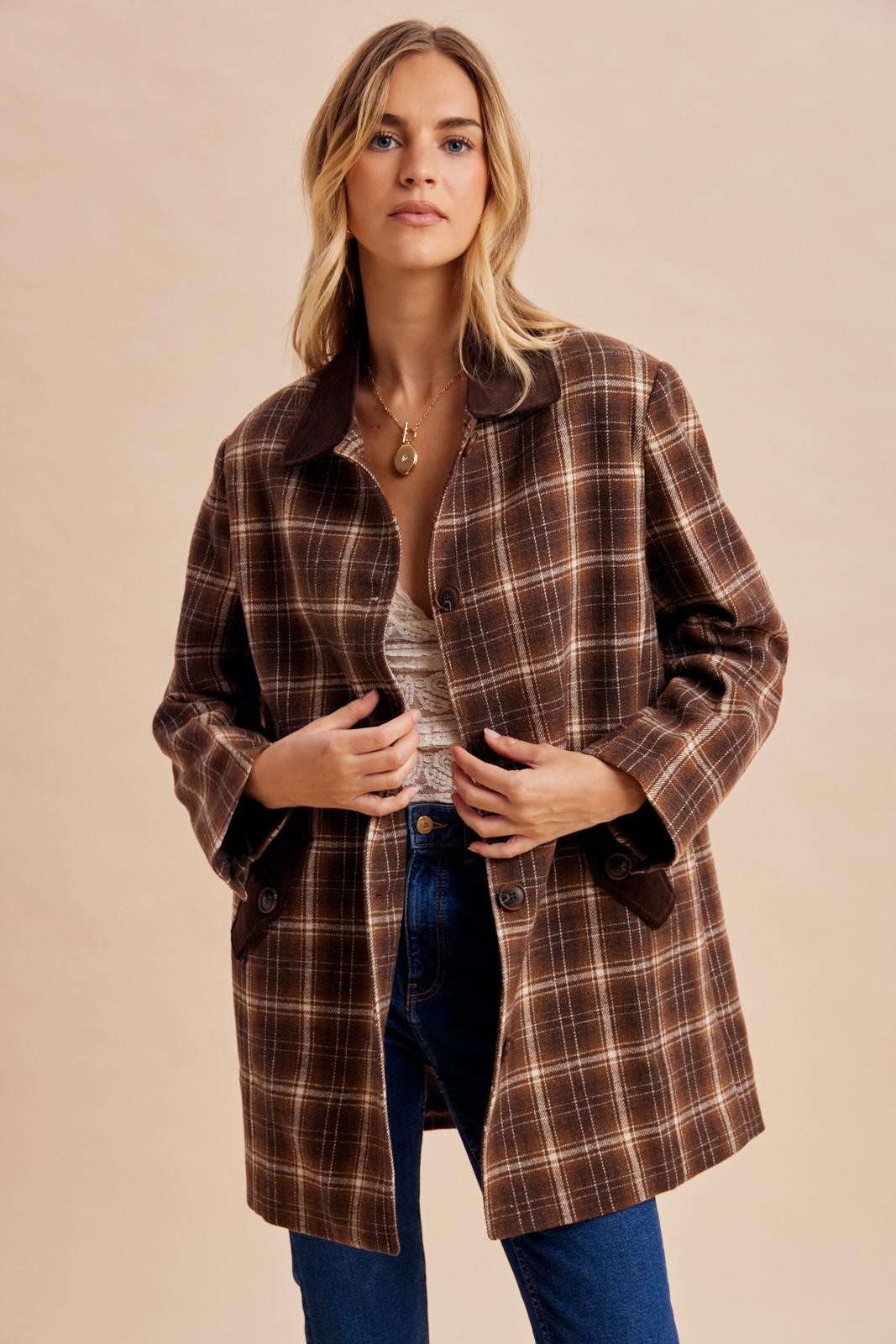 Plaid Midlength Barn Brown Jacket