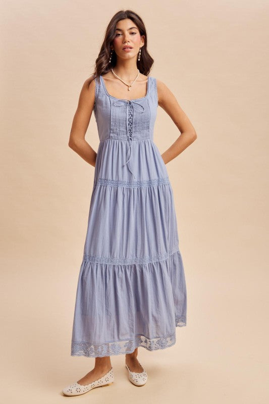 Kass Corset Lace up Romantic Cotton Sleeveless Maxi Dress Blue
