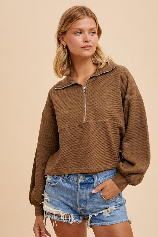 Cotton Thermal Cropped Half Zip Pullover Latte Brown