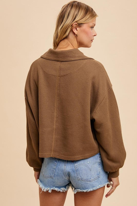 Cotton Thermal Cropped Half Zip Pullover Latte Brown