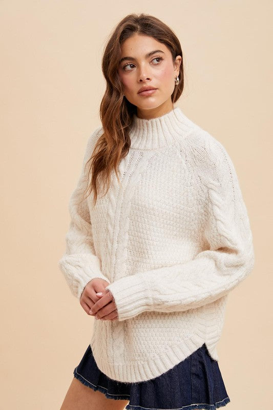 RORY CABLE KNIT HIGHNECK OVERSIZED SWEATER WHITE