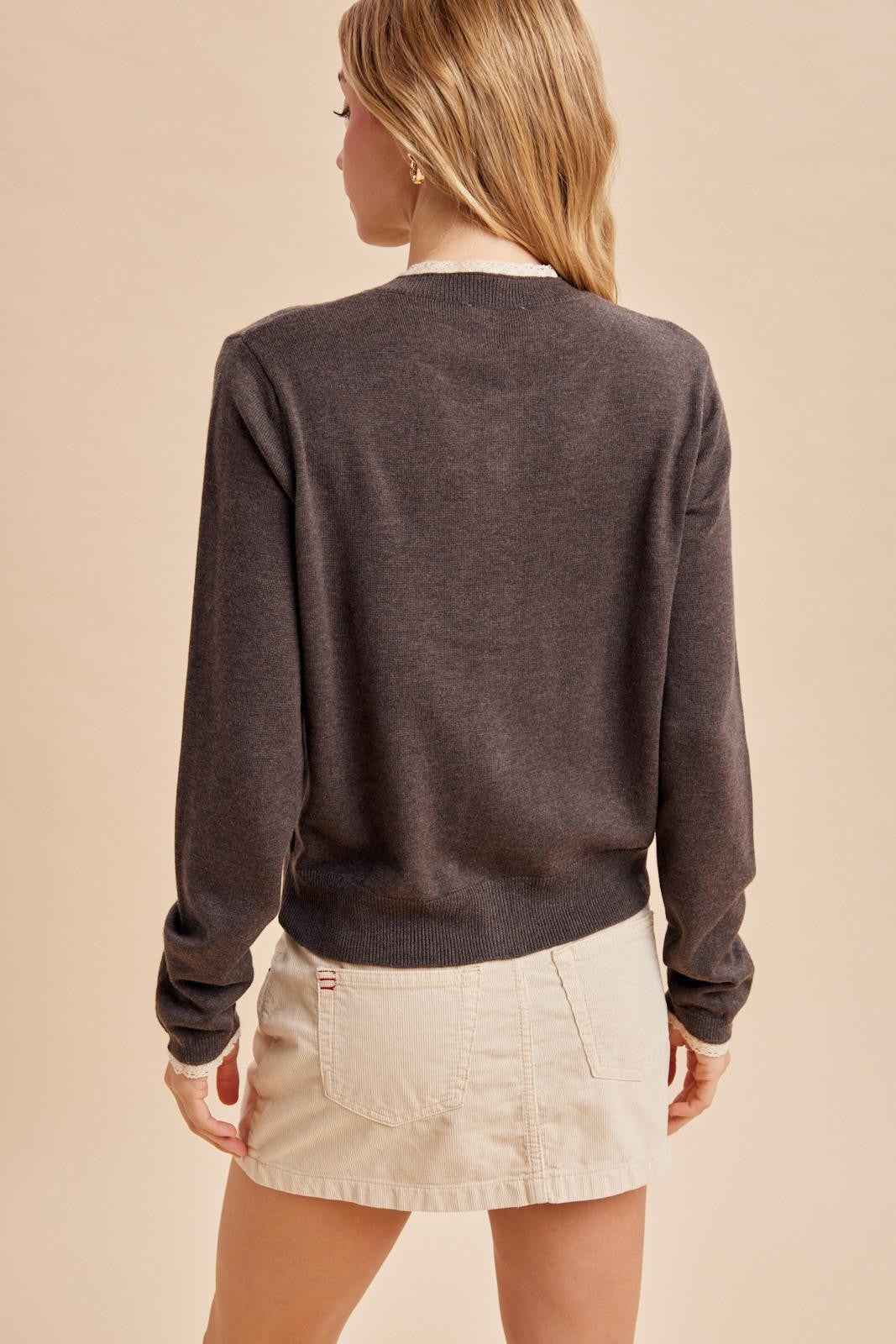 Fine Knit Lace Espresso Brown Cardigan