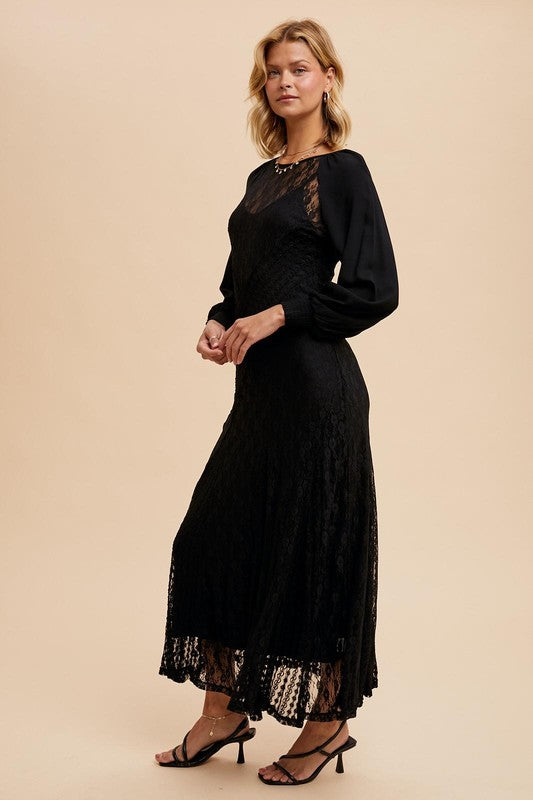 RAGLAN VINTAGE LACE PANELED DRESS BLACK