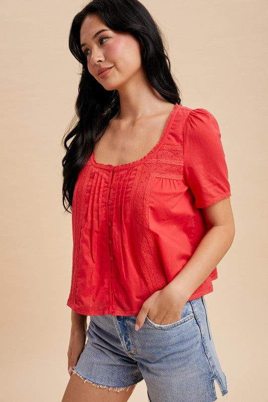 Roize Darling Cotton Lace Inset Top Chili Red