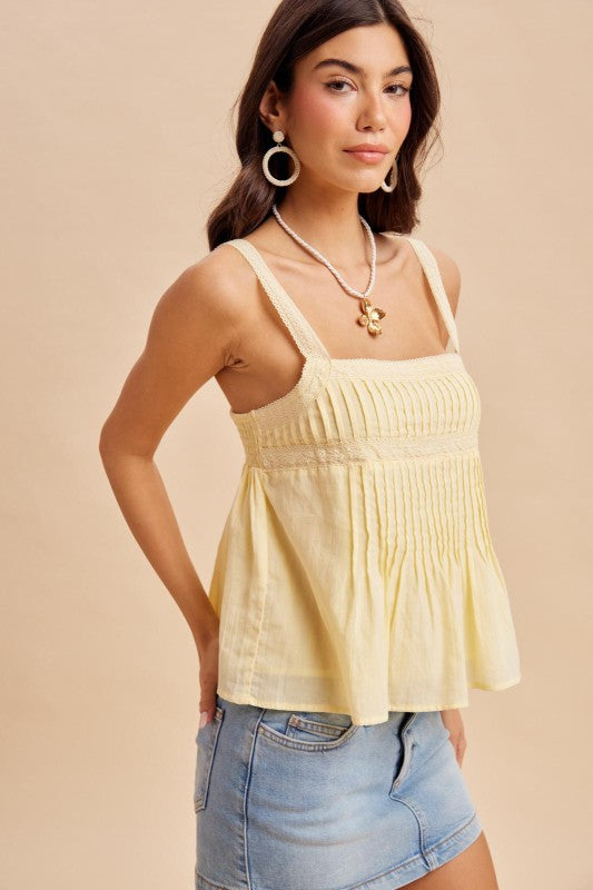 Jordan Pintuck Pleated Yellow Cotton Lace Tank Top