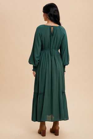 GATHERED LONG SLEEVE SQUARE NECK MAXI DRESS