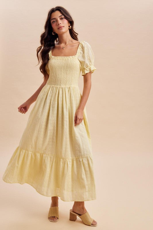 Telesia Smocked Eyelet Lace Yellow Maxi Dress