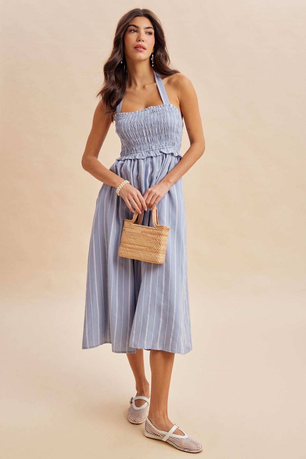 Jennifer Smocked Halter Cotton Midi Dress