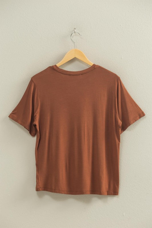 Classic Crew Neck Short Sleeve Pocket Top Chestnut Brown