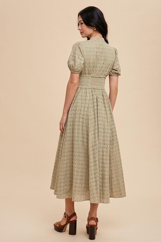 Lisa Cotton Eyelet Button Down Dress Olive Green