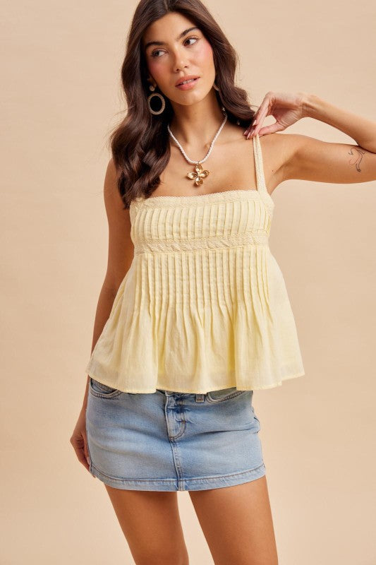 Jordan Pintuck Pleated Yellow Cotton Lace Tank Top