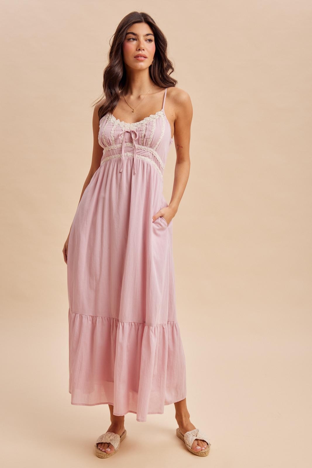 Ashley Lace Detail Cotton Pink Maxi Dress