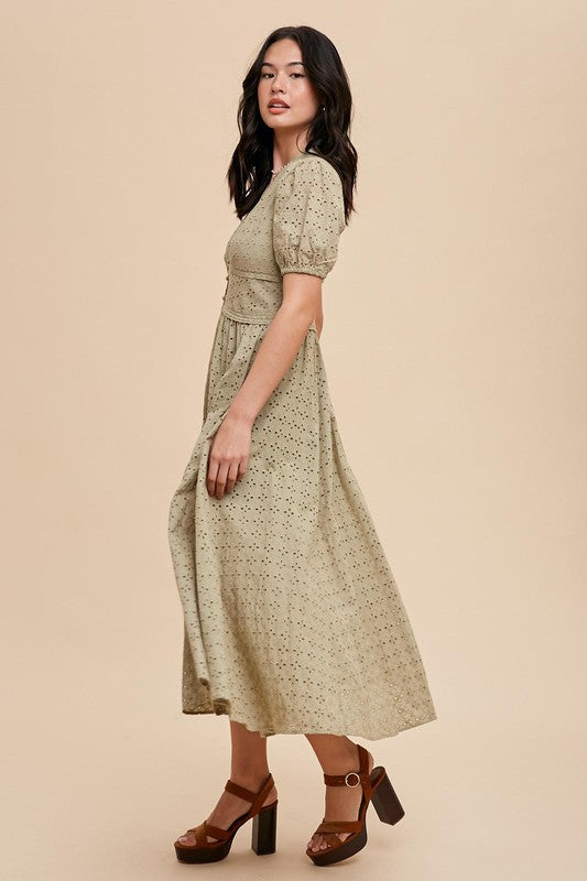 Lisa Cotton Eyelet Button Down Dress Olive Green