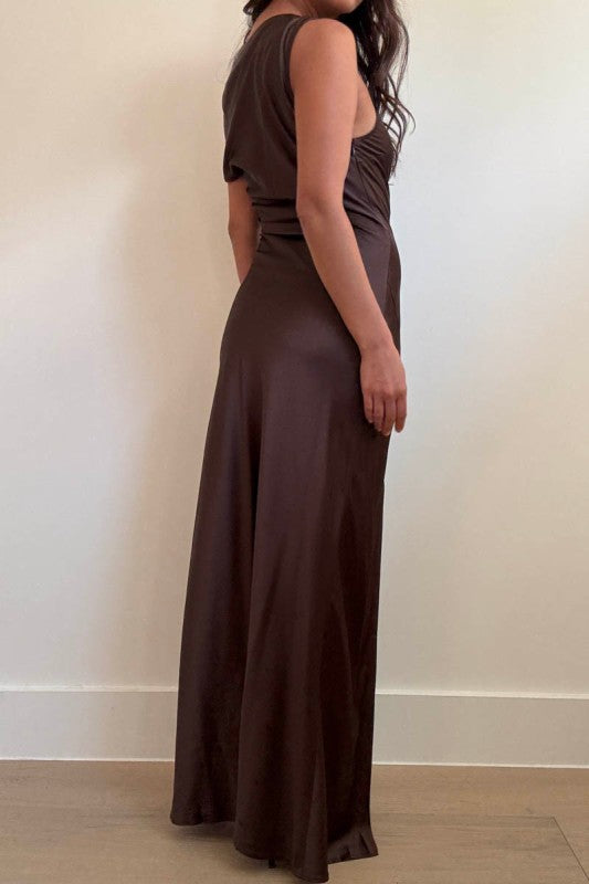 One Shoulder Front Slit Maxi Dress Espresso Brown