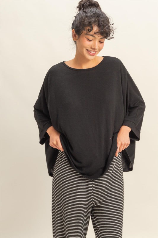 Batwing 3/4 Sleeve Oversized Top Black