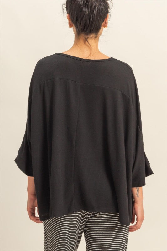 Batwing 3/4 Sleeve Oversized Top Black