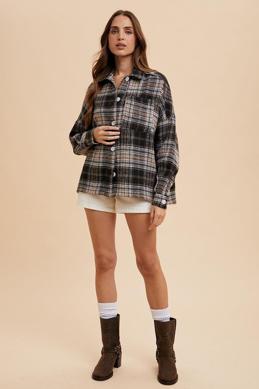Oversized Plaid Black Brown Button Down Shacket