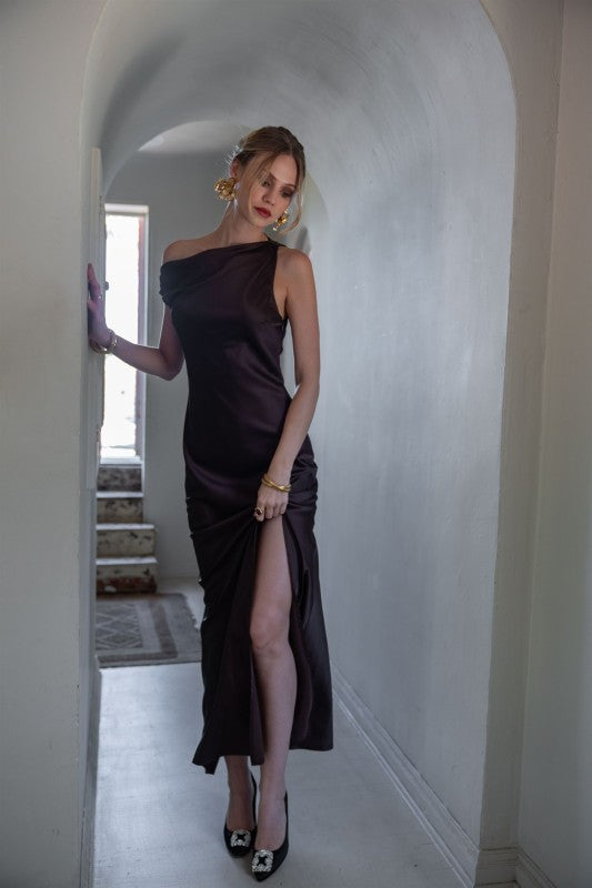 One Shoulder Front Slit Maxi Dress Espresso Brown