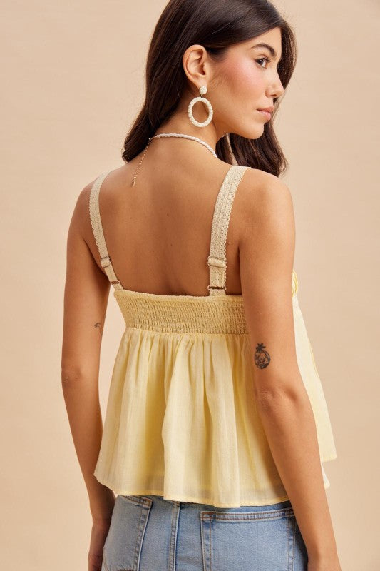 Jordan Pintuck Pleated Yellow Cotton Lace Tank Top