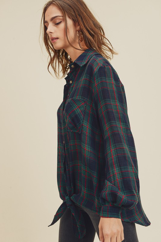 Cotton Plaid Christmas Button Down With Self Tie Top