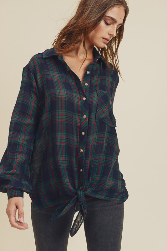 Cotton Plaid Christmas Button Down With Self Tie Top