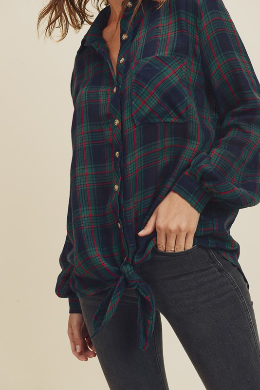 Cotton Plaid Christmas Button Down With Self Tie Top