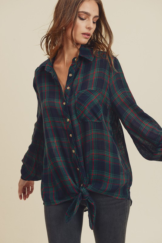 Cotton Plaid Christmas Button Down With Self Tie Top