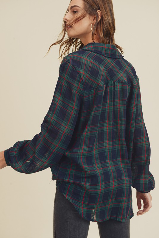 Cotton Plaid Christmas Button Down With Self Tie Top