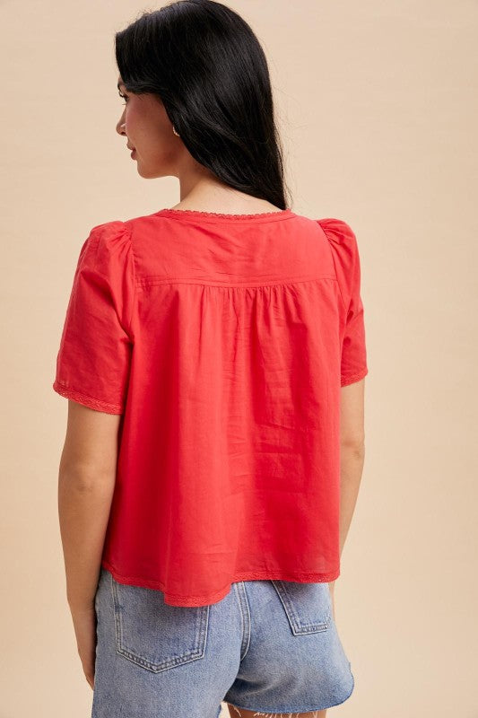 Roize Darling Cotton Lace Inset Top Chili Red