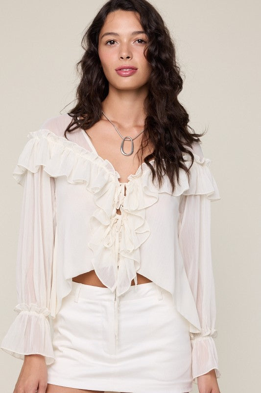 Sheer Long Flare Sleeve Ties Ruffle Lace Ivory Blouse