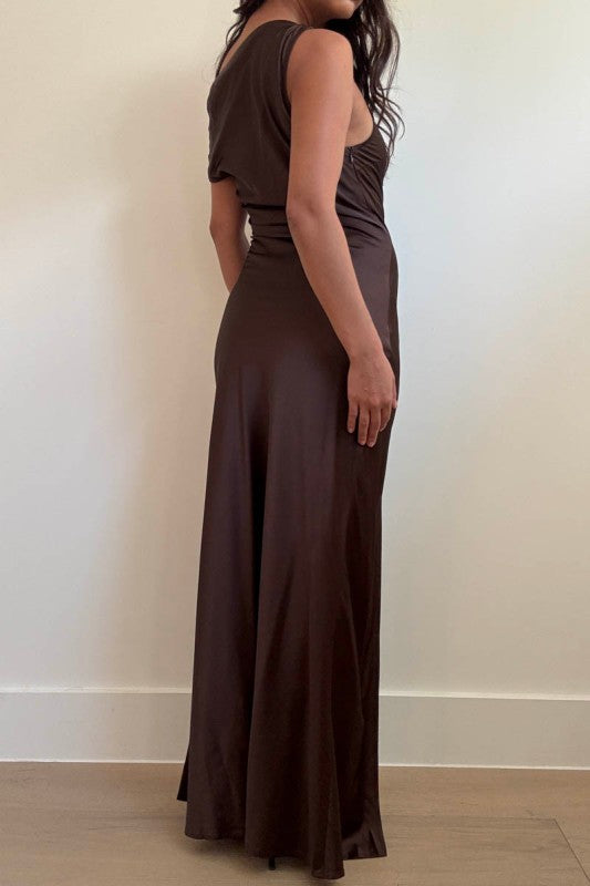 One Shoulder Front Slit Maxi Dress Espresso Brown