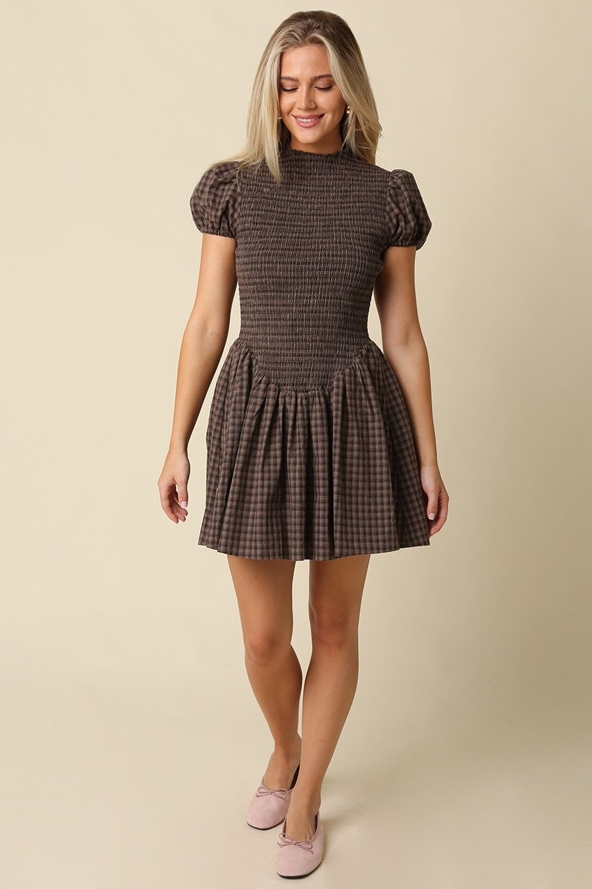 Susan Plaid Smocked Cotton Linen Brown Mini Dress