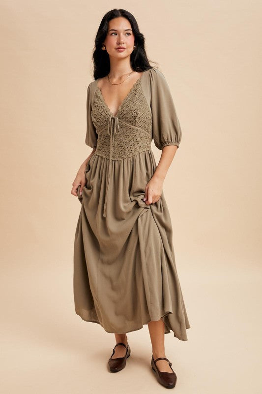 Annabeth Crochet Lace Bodice Olive Fern Maxi Dress