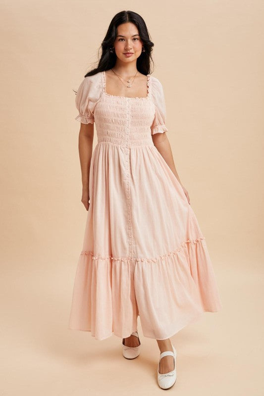 Karen Smocked Button Down Pastel Pink Maxi Dress