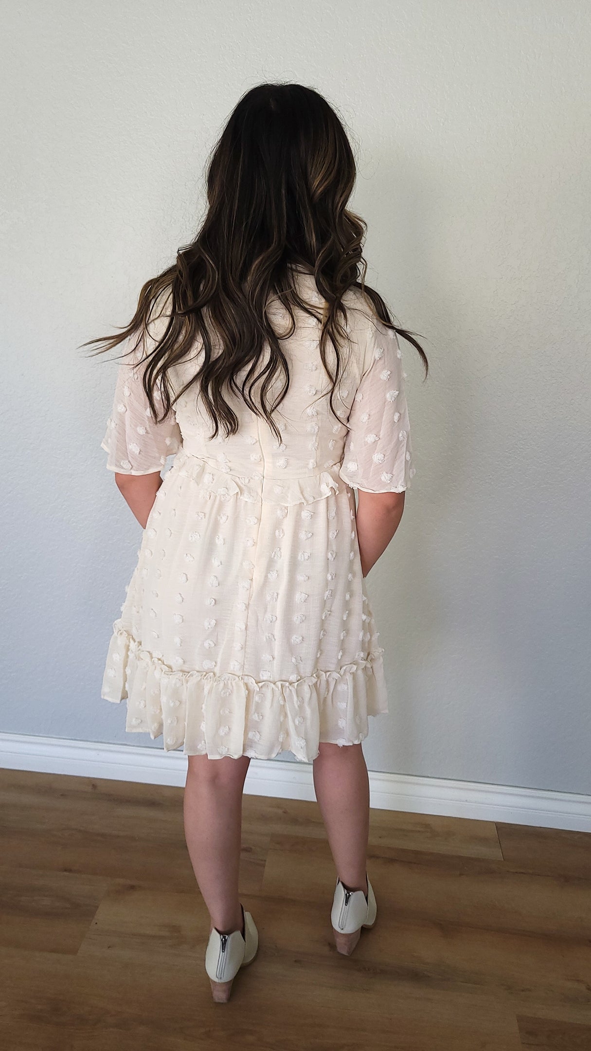 SWISS DOT V-NECK RUFFLE DRESS