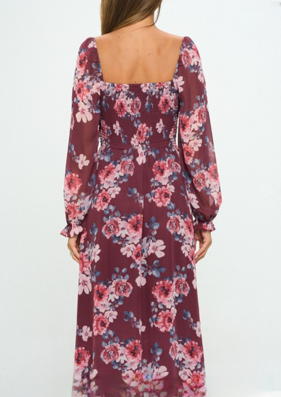 FLORAL CINCHED BUST LONG SLEEVE SLIT MIDI DRESS