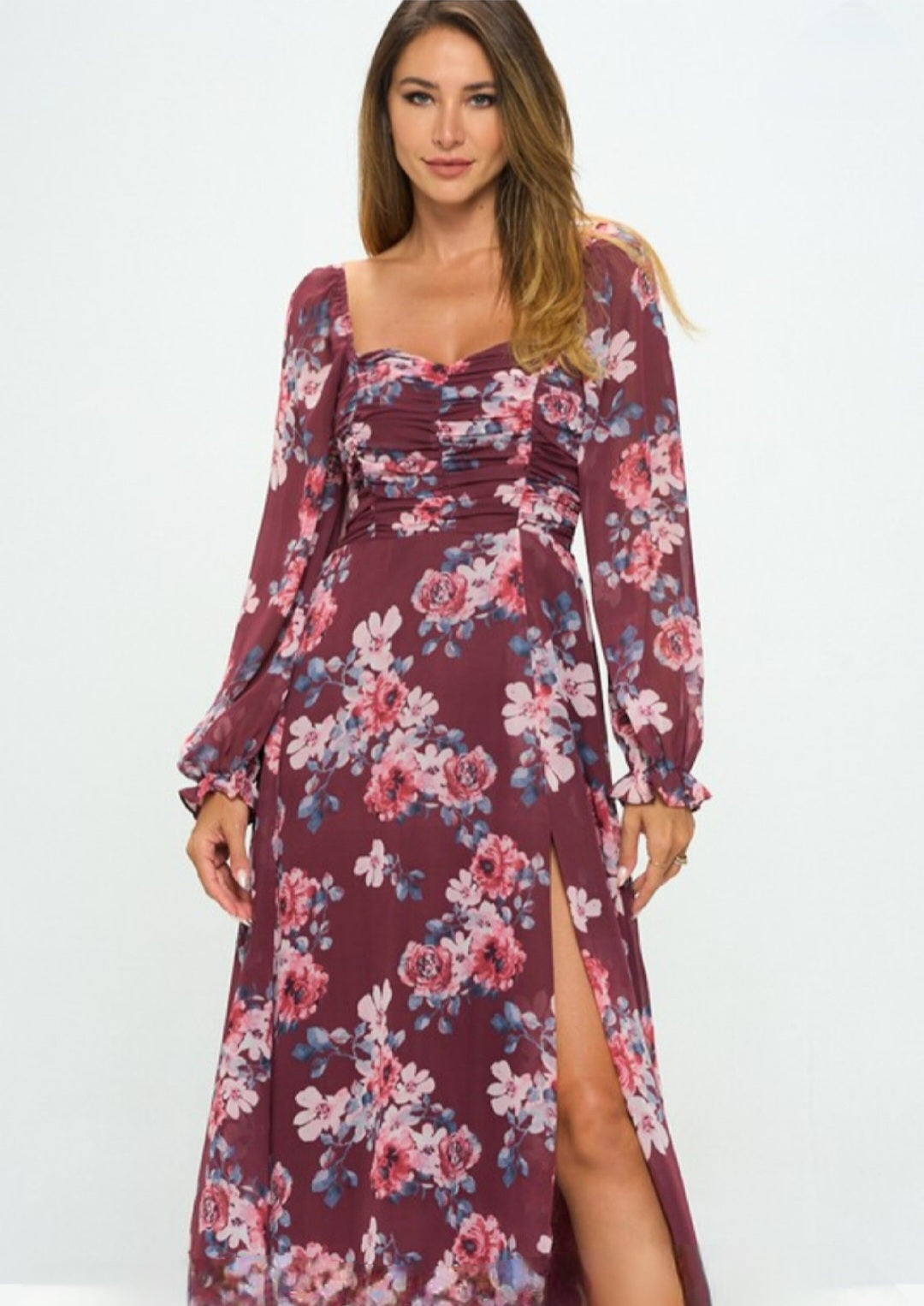 FLORAL CINCHED BUST LONG SLEEVE SLIT MIDI DRESS