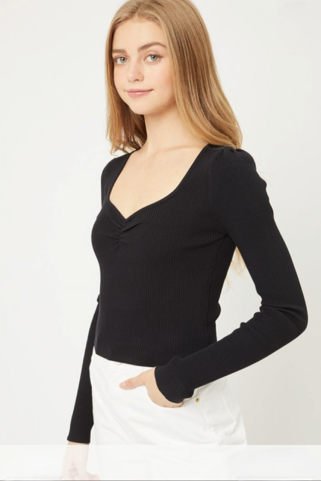 Ruched Bust Long Sleeve Top-Black S-XL