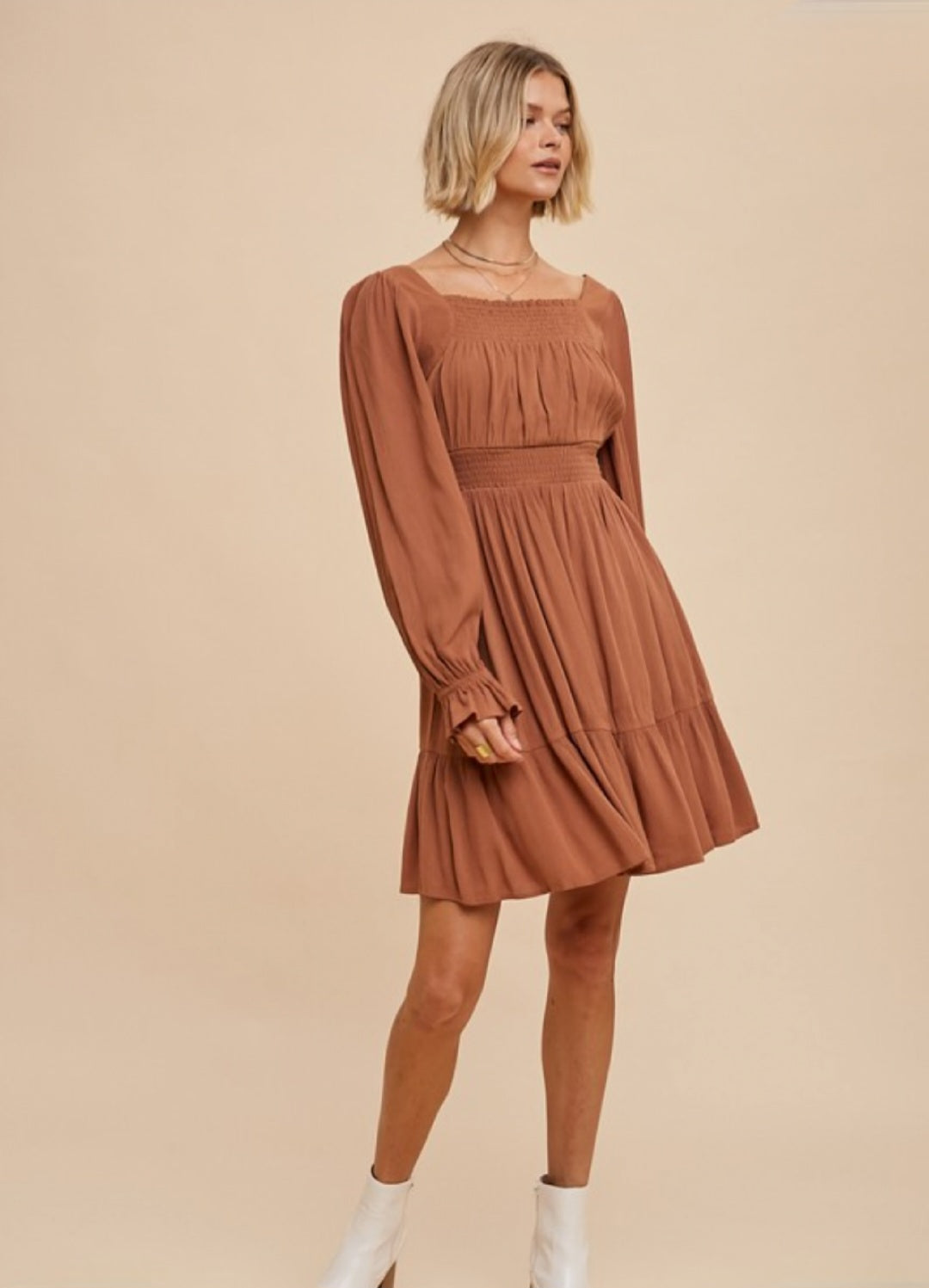 CAMEL SMOCKED WAIST RUFFLE MINI DRESS