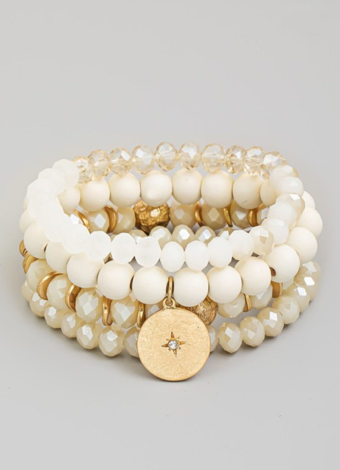 Star Faceted bead assorted stretch bracelet set-White