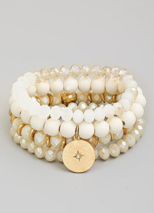 Star Faceted bead assorted stretch bracelet set-White