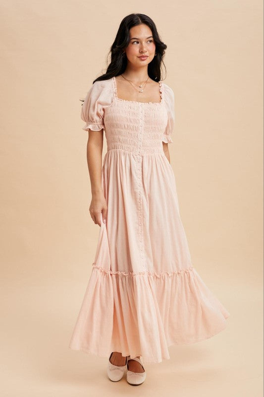 Karen Smocked Button Down Pastel Pink Maxi Dress