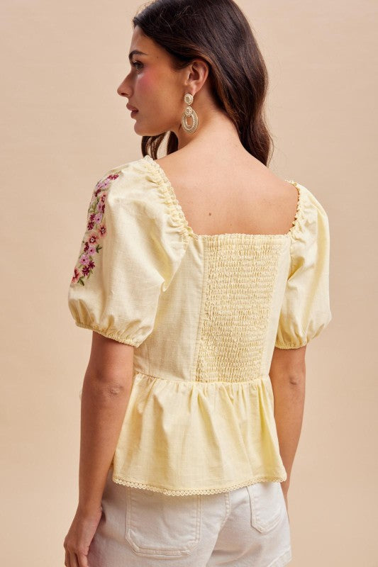 Adriana Cotton Embroidered Sweetheart Yellow Top