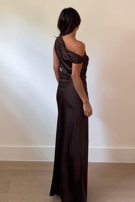 One Shoulder Front Slit Maxi Dress Espresso Brown