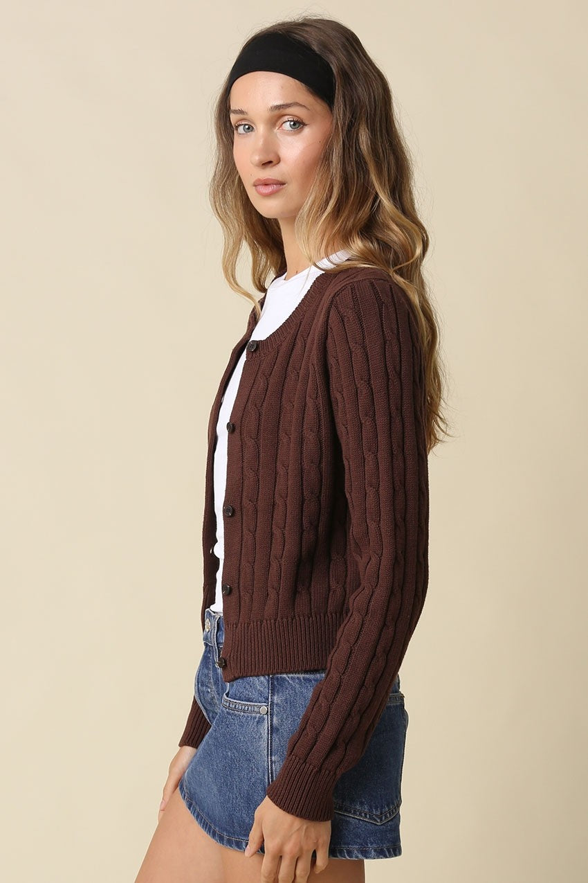 Cindy Cotton Cable Knit Brown Cardigan