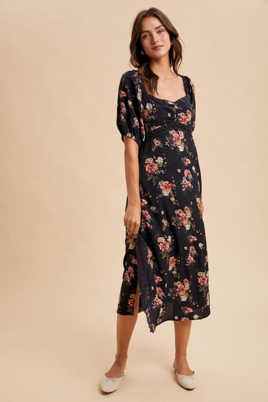 Floral Sweetheart Lace Puff SLEEVE SMOCKED MIDI  Dress