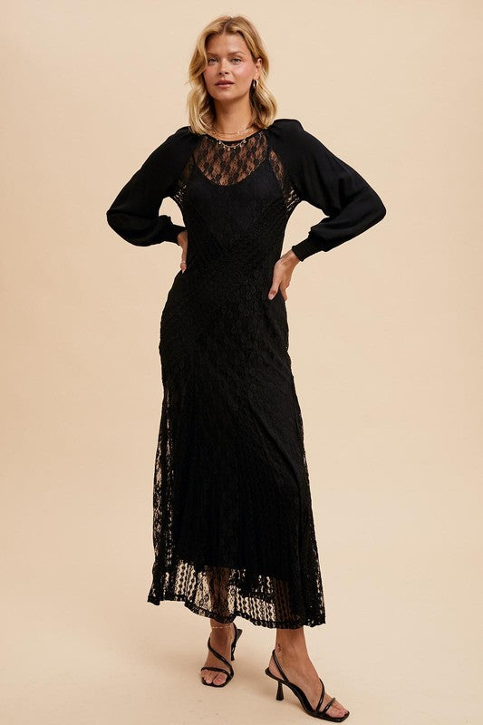 RAGLAN VINTAGE LACE PANELED DRESS BLACK