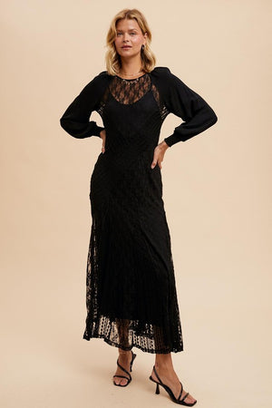 RAGLAN VINTAGE LACE PANELED DRESS BLACK