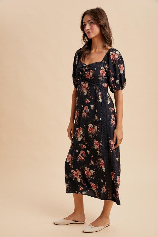 Floral Sweetheart Lace Puff SLEEVE SMOCKED MIDI  Dress